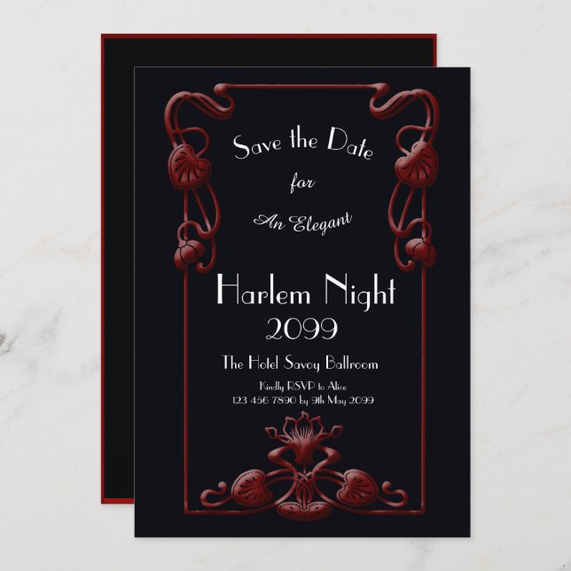 HARLEM Night, Black, RED, White, Floral, Art Deco Einladung (Vorne/Hinten)