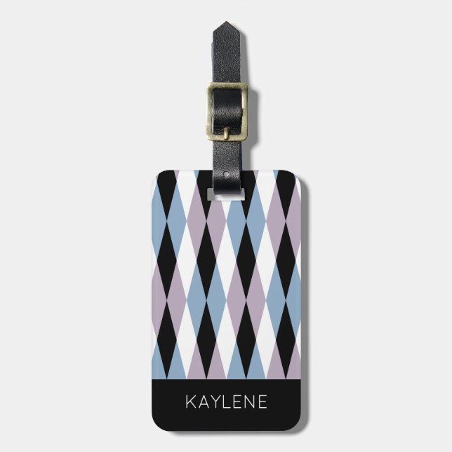 Harlequin Diamond Pattern - Blau und Dusty Lilac Gepäckanhänger (Vorderseite vertikal)