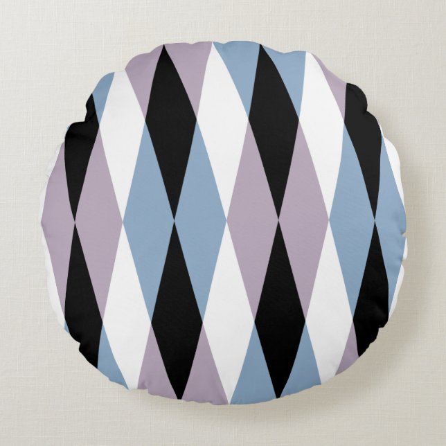 Harlequin Diamond Pattern - Blau und Dusty Lilac Rundes Kissen (Vorderseite)