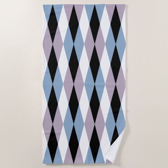 Harlequin Diamond Pattern - Blau und Dusty Lilac Strandtuch (Vorderseite)