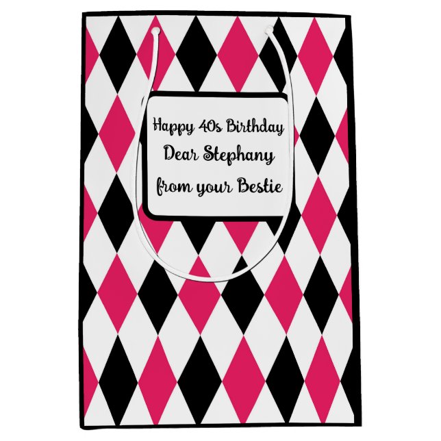 Harlequin Elegant Diamond Geometric Schwarz-weiß Mittlere Geschenktüte (Vorderseite)