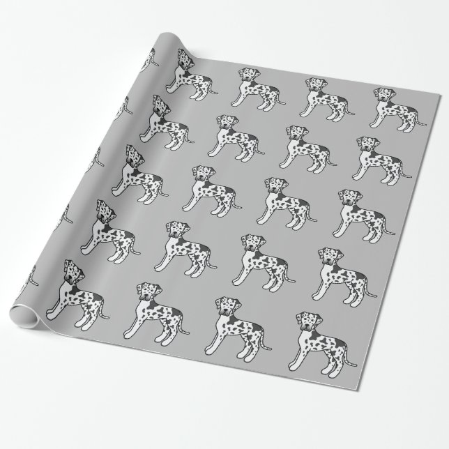 Harlequin Great Dane Hunde Muster auf Grau Geschenkpapier (Ungerollt)