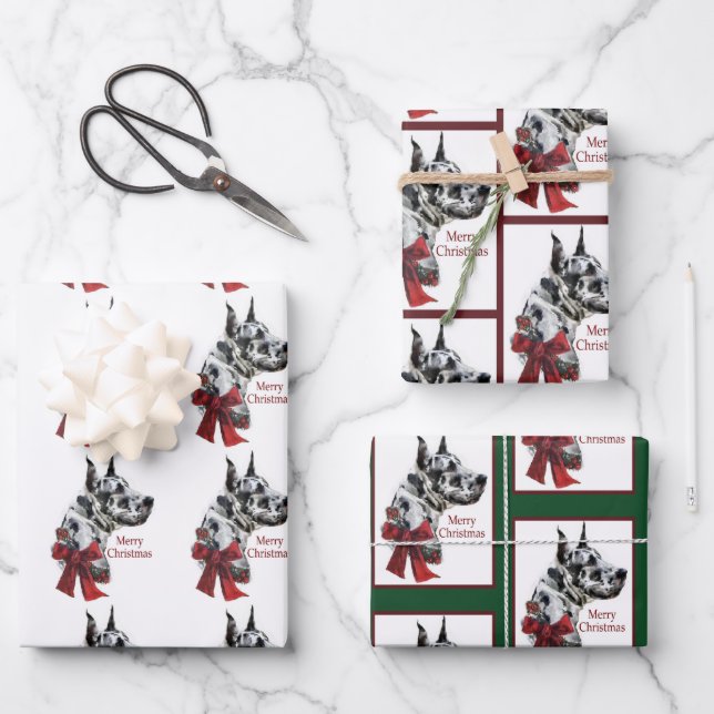 Harlequin Great Dane Weihnachten Geschenkpapier Set (Vorderseite)
