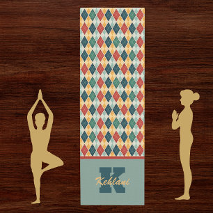Harlequin Retro Red Gold Green Monogram Raute Yogamatte