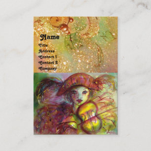 HARLEQUIN, rot-braun-gelb-grüne Glitzern Visitenkarte