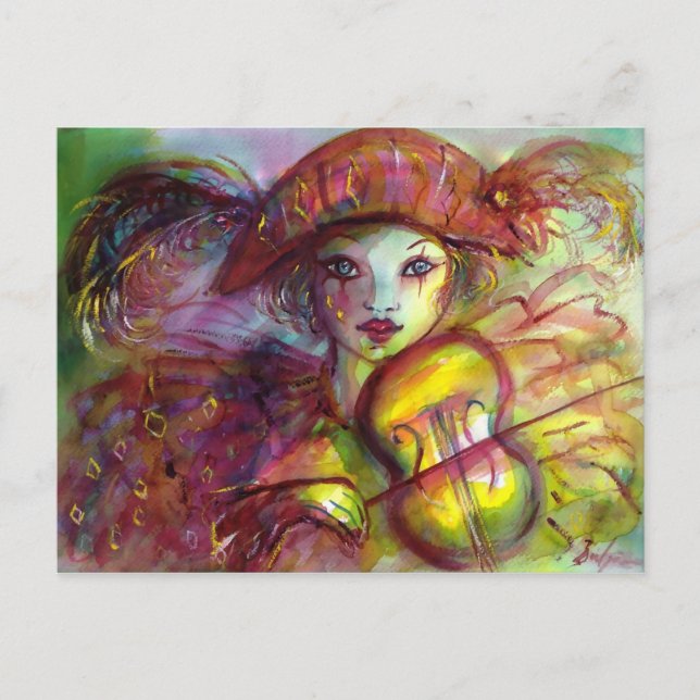 Harlequin Violine spielen, Masquerade Masken Postkarte (Vorderseite)