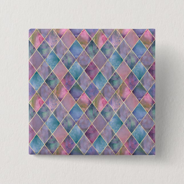 Harlequin-Wasserfarbe Diamant geometrisches Muster Button (Vorderseite)