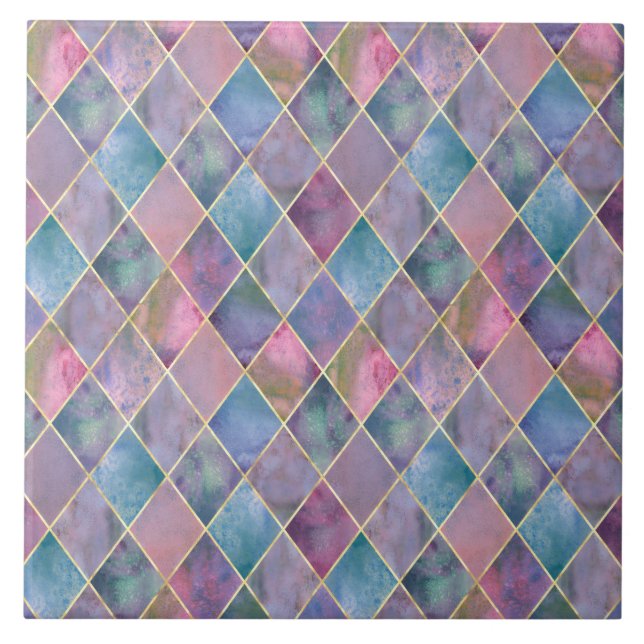 Harlequin-Wasserfarbe-Diamant-Geometrisches Muster Fliese (Vorderseite)