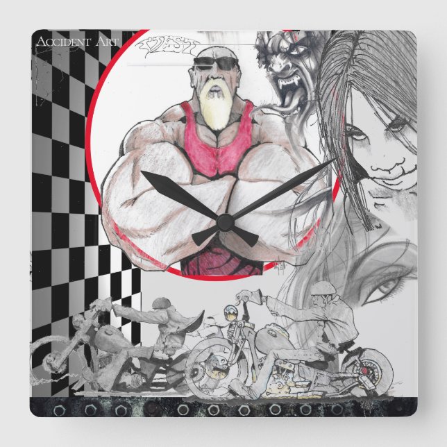 Harley Geschäfts-Uhr, Schwarzes, Weiß, Schachbrett Quadratische Wanduhr (Vorderseite)