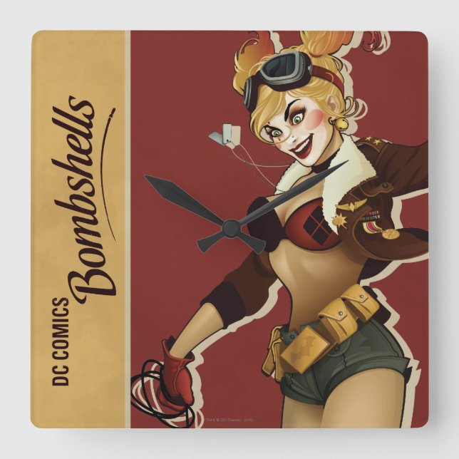 Harley Quinn Bombshells Pinup Quadratische Wanduhr (Vorderseite)