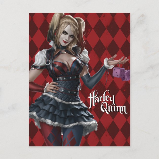 Harley Quinn mit Fuzzy Dice Postkarte (Vorderseite)