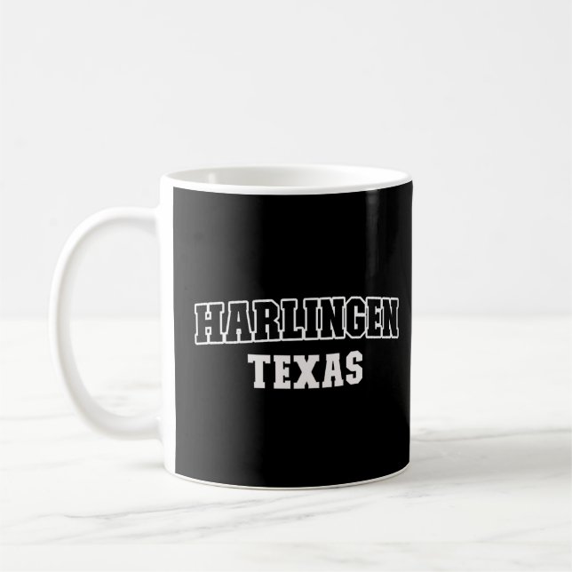 Harlingen Texas Schwarz-weiß Athletic Letters Kaffeetasse (Links)