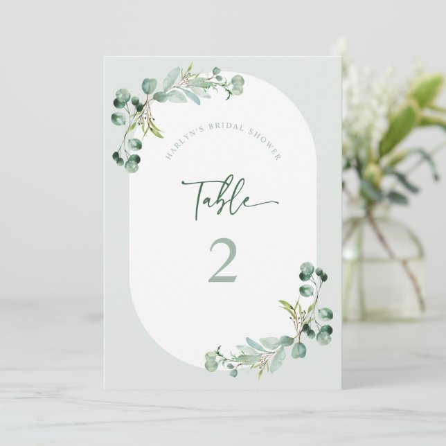 HARLYN Tischnummer Eucalyptus Brautparty Card (Stehend Vorderseite)