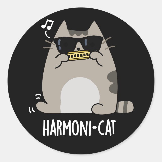 Harmoni-cat Funny Harmonica Cat Pun Dark BG Runder Aufkleber (Vorderseite)