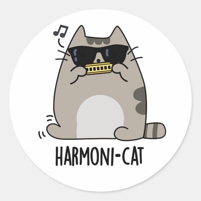 Harmoni-cat Funny Harmonica Cat Pun Runder Aufkleber (Vorderseite)