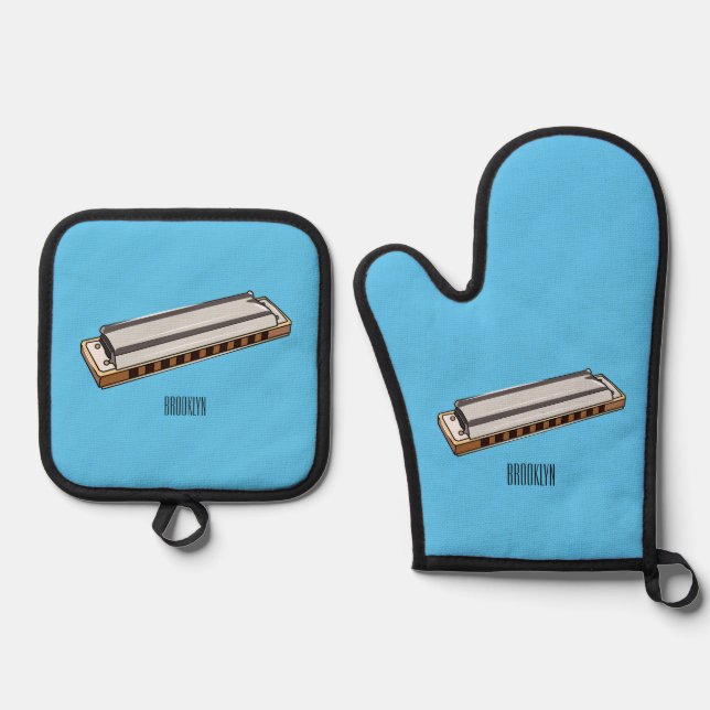 Harmonica Cartoon Illustration Ofenhandschuh & Topflappen-Set (Vorderseite)