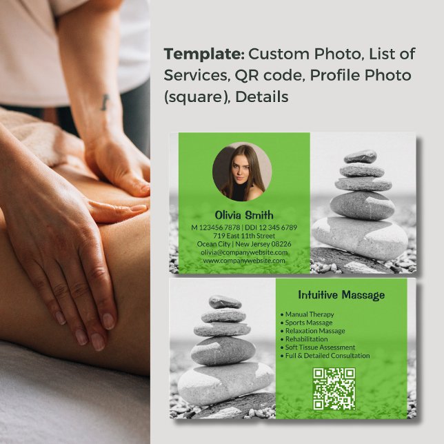Harmonie - Grüne Massage Therapist Business Card Treuekarte (Harmony - Green Massage Therapist Business Card, Background Photo & Green Overlay, QR code)