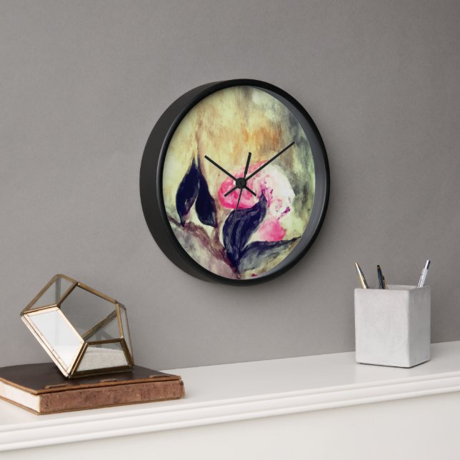 Harmonisch rosa Blume Schwarze Blätter Abstrakt Uhr (Büro)