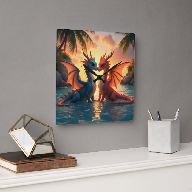 Harmony of Elements: Loving Dragons and a Sea Suns Quadratische Wanduhr (Büro)
