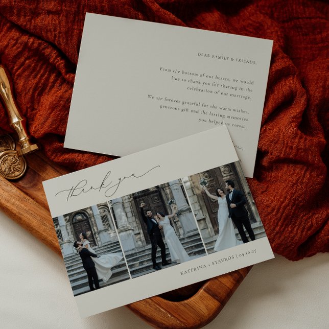 HARMONY Olive Green Minimalistisch 3 Foto Hochzeit Dankeskarte (Von Creator hochgeladen)