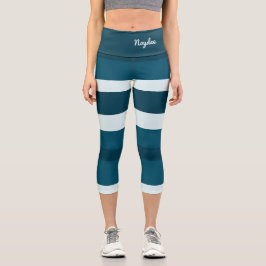 Harmony Stripes Horizontal Lines Sea Blue White Capri Leggings