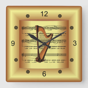 ~ Harp ~ Curved Sheet Music ~ Gold Background ~ Quadratische Wanduhr