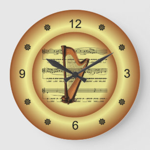 ~ Harp ~ Sheet Music ~ Gold Background ~ Große Wanduhr