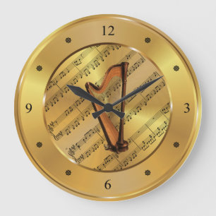 Harp ~ Sheet Music ~ Gold Background ~ Unique ~ Große Wanduhr