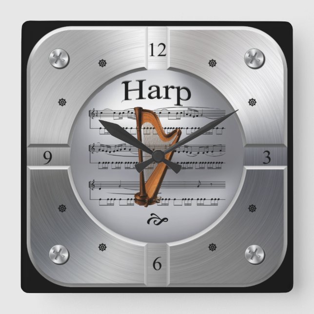 Harp ~ Sheet Music ~ Pinselsilber Farbe ~ Quadratische Wanduhr (Vorderseite)