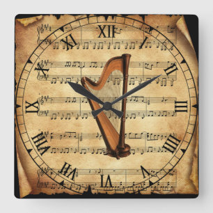 Harp - Vintage Sheet Music Background - Einzigarti Quadratische Wanduhr