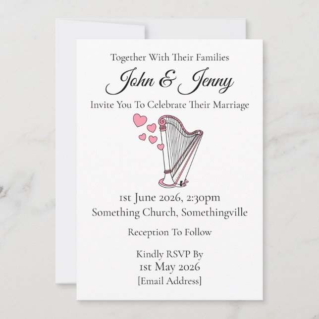Harp Wedding Invitation Harpist String Musicians Einladung (Vorderseite)