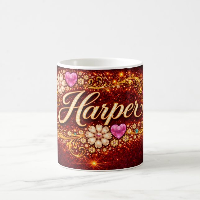 Harper Custom Pink Heart Gold Floral Romantic Gift Kaffeetasse (Mittel)