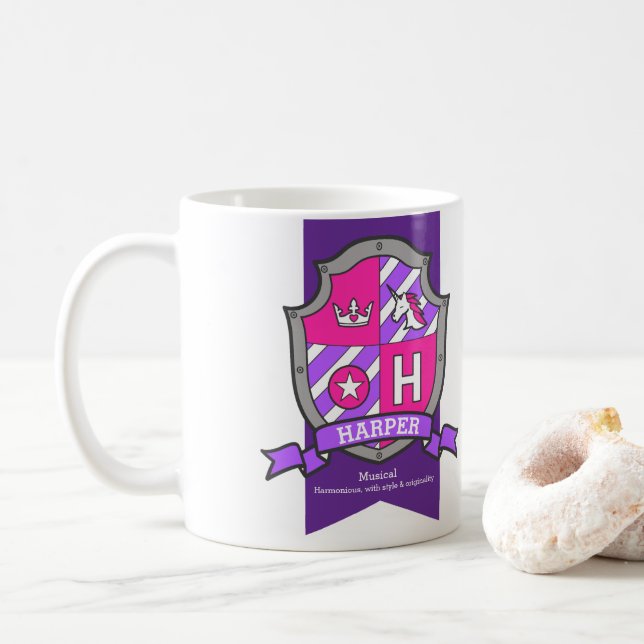 Harper Letter H Wappen Rosa Einhornname bedeutet Kaffeetasse (Mit Donut)