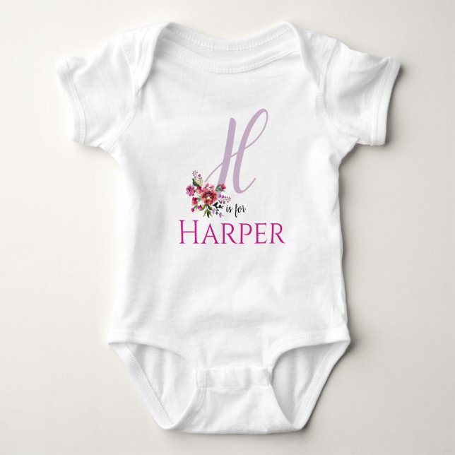 Harper Name Reveal Floral Letter H Girl Whimsical Baby Strampler (Vorderseite)