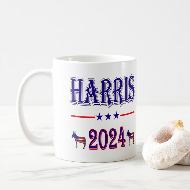 Harris 2024 Pres Democrat Donkeys USA Flag Kaffeetasse (Mit Donut)