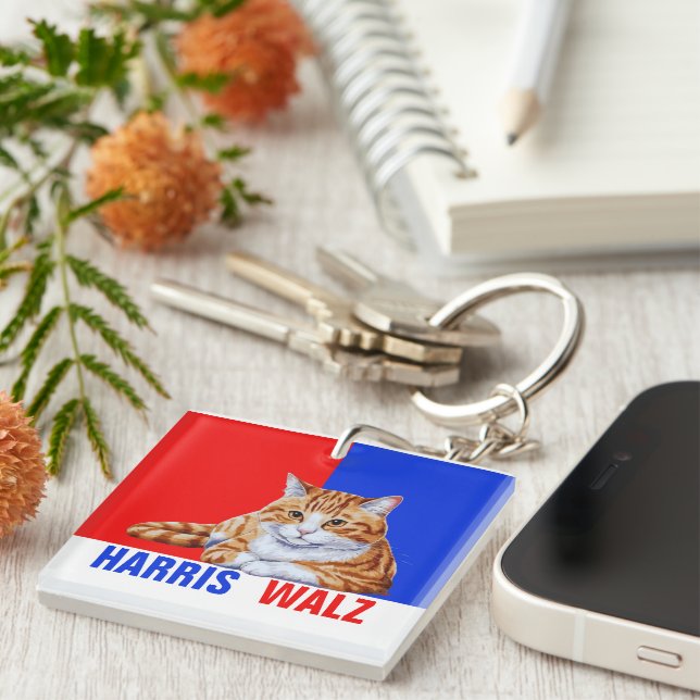 Harris Walz 2024 offensichtlich Cat Red Blue Schlüsselanhänger (Vorderseite rechts)