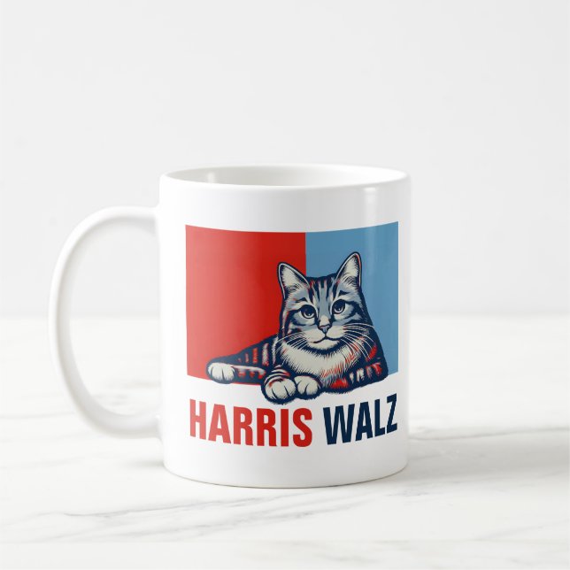 Harris Walz 2024 offensichtlich Red Blue Cat Kaffeetasse (Links)