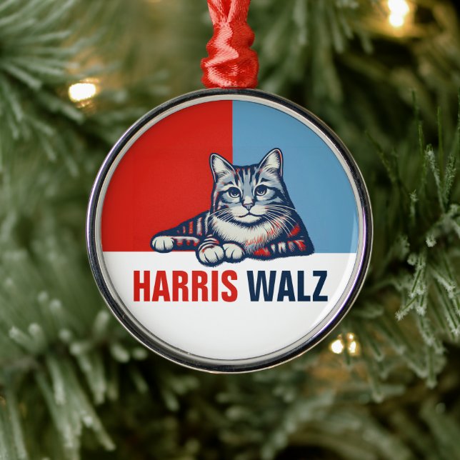 Harris Walz 2024 offensichtlich Red Blue Cat Ornament Aus Metall (Baum)