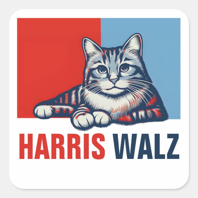 Harris Walz 2024 offensichtlich Red Blue Cat Quadratischer Aufkleber (Vorderseite)