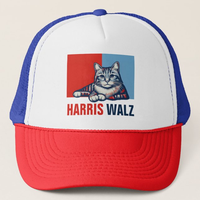Harris Walz 2024 offensichtlich Red Blue Cat Truckerkappe (Vorderseite)