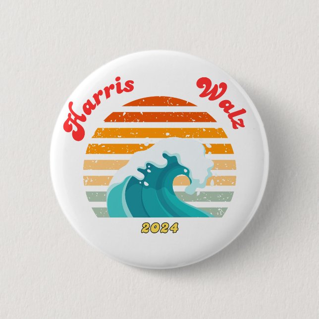 Harris Walz 2024 Wahl Retro Blue Wave Button (Vorderseite)