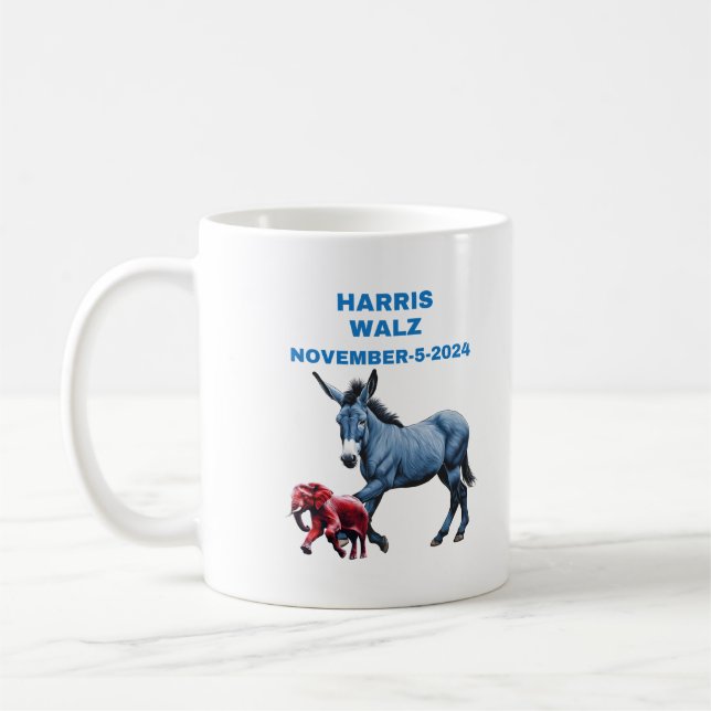 Harris/Walz, Abstimmung blau, Esel-Elefant, Wahlen Kaffeetasse (Links)