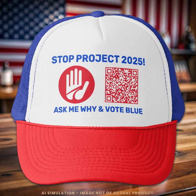 Harris/Walz 'Stopp Project 2025!' Vote Blue QR Cod Truckerkappe (Von Creator hochgeladen)