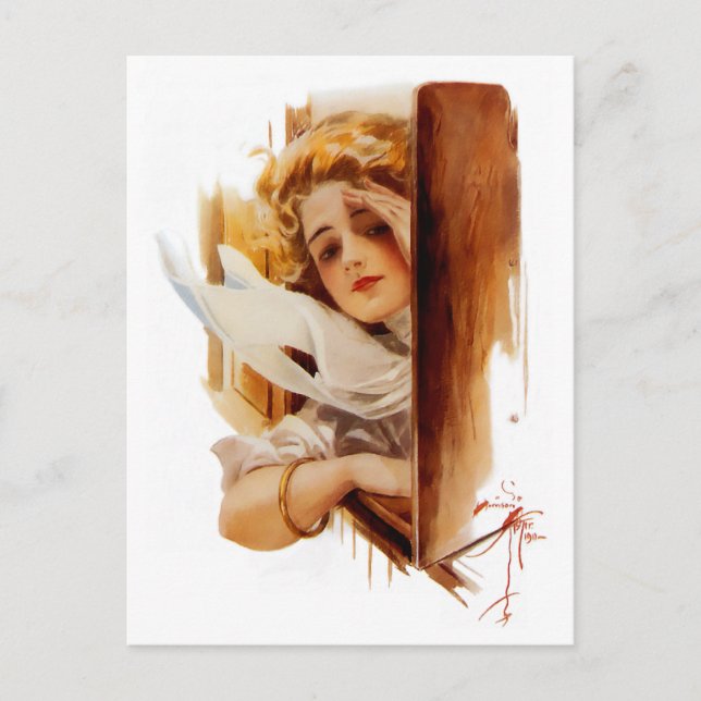 Harrison Fisher: Frau im Zug Postkarte (Vorderseite)