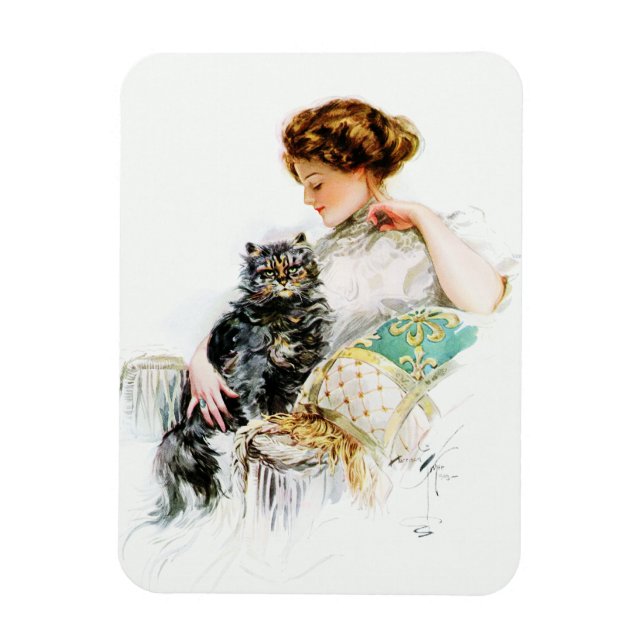 Harrison Fisher: Frau mit Katze Magnet (Vertikal)