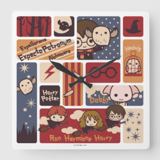 Harry Potter Cartoon Scenes Pattern Quadratische Wanduhr