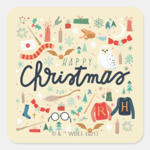 Harry Potter   Frohe Weihnachten mit festlichen Sy Quadratischer Aufkleber