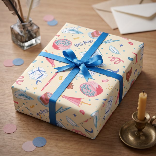 HARRY POTTER™ Geburtstagsfeier-Muster Geschenkpapier (Simulated present on table)