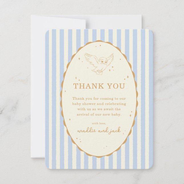 Harry Potter Hedwig Blau Gestreift Baby Shower Dankeskarte (Vorderseite)