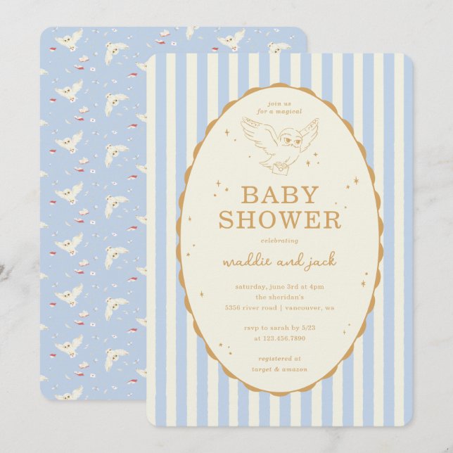 Harry Potter Hedwig Blue Stripe Baby Shower Einladung (Vorne/Hinten)